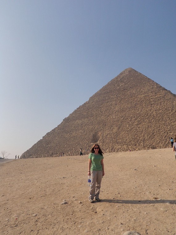 Campbell is pictured in front of the Great Pyramid in Giza, Egypt.