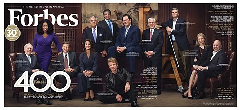 &lt;p&gt;This June 26, 2012 image provided by Forbes, and the pull-out cover for the magazine's Sept. 21 issue shows from left to right: Warren Buffett, Oprah Winfrey, Bill Gates, Melinda Gates, Pete Petersen, Leon Black, Jon Bon Jovi (seated on the ground), Marc Benioff, David Rubenstein, Steve Case, Laura Arrillaga-Andreessen, Marc Andreessen posing for a portrait in the Trustees Room at the New York Public Library in New York. The twelve individuals shown were part of a group attending a Forbes convened event called the Forbes 400 Summit On Philanthropy. During the event, the magazine's editors invited twelve of the leading philanthropists in the U.S. to pose for the portrait. (AP Photo/Forbes, Michael Prince)&lt;/p&gt;