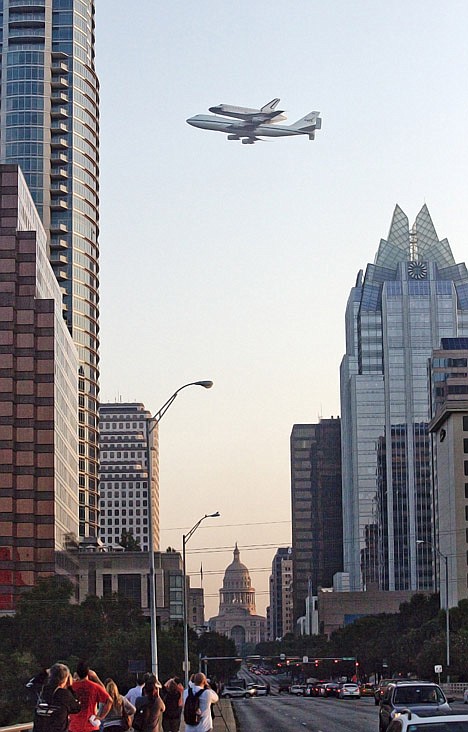 &lt;p&gt;The Space Shuttle Endeavour is ferried by NASA's Shuttle Carrier Aircraft (SCA) over downtown Austin, Texas early Thursday, Sept. 20, 2012. Endeavour is making a final trek across the country to the California Science Center in Los Angeles, where it will be permanently displayed. (AP Photo/Statesman.com, Alberto Martinez ) MAGS OUT; NO SALES; INTERNET AND TV MUST CREDIT PHOTOGRAPHER AND STATESMAN.COM&lt;/p&gt;