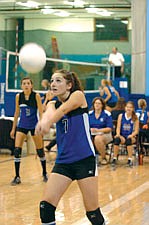 Sophomore Sara Nerby focuses on the ball at Mission's home tournament last weekend.