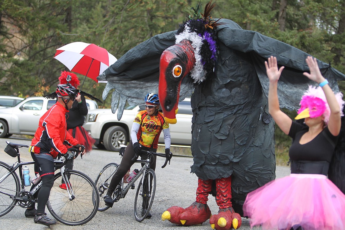 &lt;p&gt;DEVIN HEILMAN/Press&lt;/p&gt;&lt;p&gt;Rudy Marin of L.A. and Cindy Gordon of Ojai, Calif., check out the Bloomsday Vulture (Bill Robinson) near the top of Beauty Bay Hill on Saturday as &quot;vulturette&quot; Connie Price, right, cheers for Coeur d'Fondo cyclists.&lt;/p&gt;