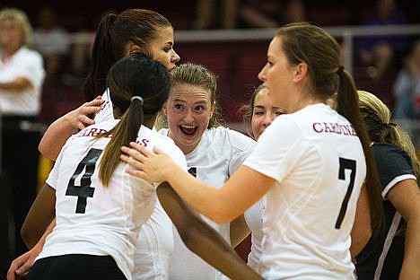&lt;p&gt;North Idaho College&#146;s setter Maddi Seidl reacts with the rest of her team after scoring a point in the first period of the Cardinal&#146;s game against the Utah State Big Blue on Thursday night.&lt;/p&gt;