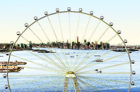 &lt;p&gt;In this image released by the New York Mayor's Office, Thursday, Sept. 27, 2012 is an artist's rendering of a proposed 625-foot Ferris wheel, billed as the world's largest, planned as part of a retail and hotel complex along the Staten Island waterfront in New York. The attraction, called the New York Wheel, will cost $230 million. Officials say the observation wheel will be higher than the Singapore Flyer, the London Eye, and a &quot;High Roller&quot; wheel planned in Las Vegas. Beyond the wheel is the Manhattan skyline. (AP Photo/Office of the Mayor of New York)&lt;/p&gt;