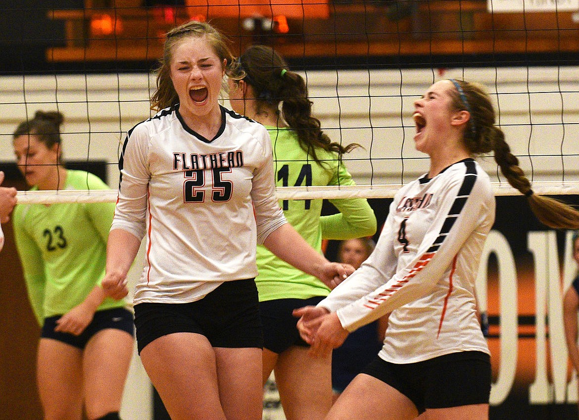 &lt;p&gt;Flathead hitter Allie Gagnon (25) celebrates after a kill during the first game against Glacier at Flathead on Thursday. (Aaric Bryan/Daily Inter Lake)&lt;/p&gt;