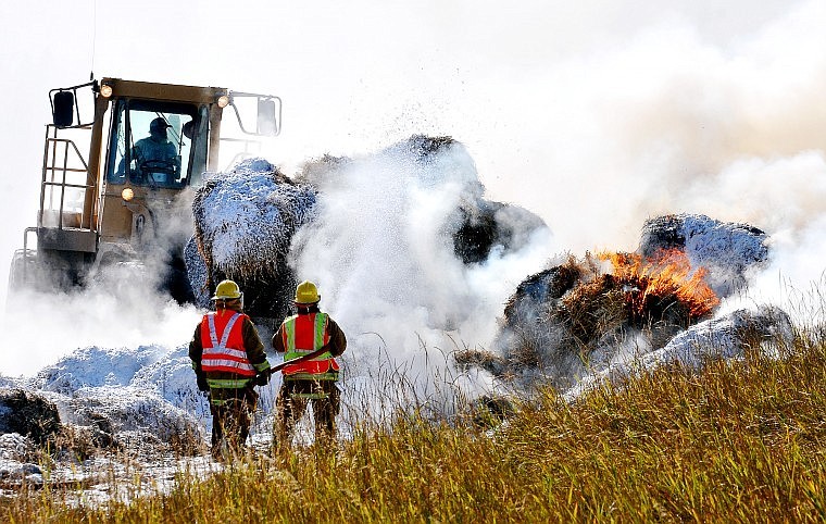 Bigfork and Creston fire departments responded to a straw fire on Montana 35 near McCaffery Road late Friday morning. The driver hauling straw noticed the fire on his 30-foot trailer while driving southbound on the highway, so he pulled over to unhitch the trailer. Traffic in both directions was halted while crews worked to extinguish the burning bales of straw.