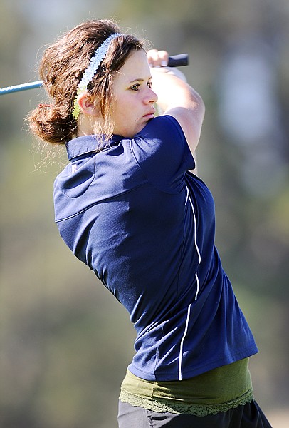 Glacier sophomore Shea Stevens tees off during day two of the Class AA state tournament on Saturday at Big Mountain Golf Course in Kalispell.