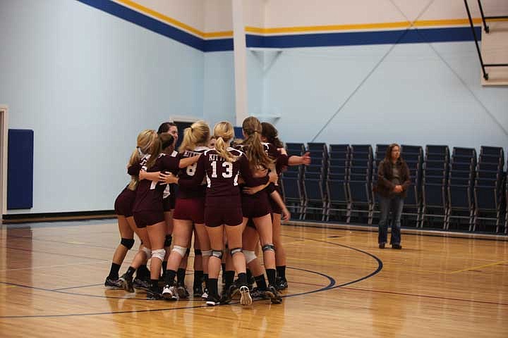 The Coyotes celebrate Tuesday night after scoring the final point of the fifth match to defeat the Lions and remain undefeated.