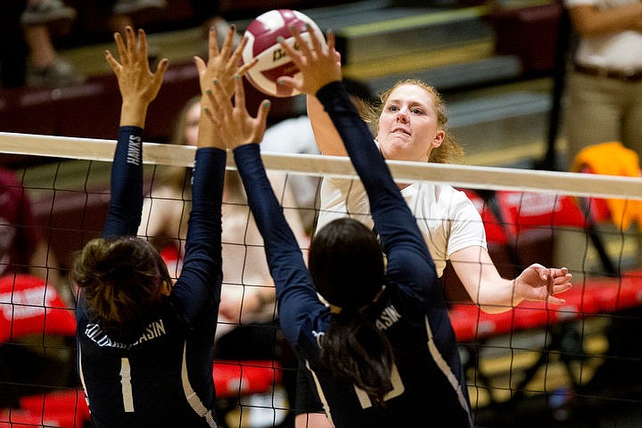 &lt;p&gt;Shelby Johnson of North Idaho College goes for a kill over Columbia Basin's Treiquella Childers (1) and Esther Schuh on Wednesday, Sept. 14, 2016 at North Idaho College.&lt;/p&gt;