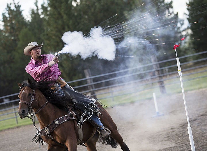 &lt;p&gt;Darin Nagle shoots balloons while mounted on his 7-year-old quarterhorse Reno, Monday, Sept. 19, 2016 at his property in Athol. The former North Idaho College and University of Idaho basketball player took up mounted shooting three years ago and won won his class at the Western Nationals event in Las Vegas last year.&lt;/p&gt;