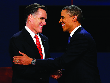 &lt;p&gt;Republican presidential nominee Mitt Romney and President Barack Obama shake hands during the first presidential debate at the University of Denver, Wednesday, Oct. 3, 2012, in Denver. (AP Photo/Charlie Neibergall)&lt;/p&gt;