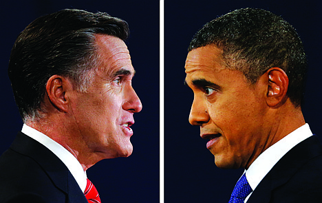 &lt;p&gt;In a photo combo, Republican presidential nominee Mitt Romney and President Barack Obama speak during the first presidential debate at the University of Denver, Wednesday, Oct. 3, 2012, in Denver. (AP Photo/David Goldman/Eric Gay)&lt;/p&gt;