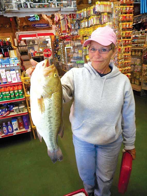 Jo Keyser of Wenatchee used the eyeball lure with a crawler to land her 6 pound largemouth bass while fishing off the MarDon Dock.