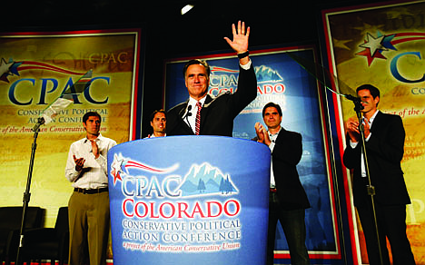 &lt;p&gt;Republican presidential candidate, former Massachusetts Gov. Mitt Romney speaks at a Colorado Conservative Political Action Committee (CPAC) meeting in Denver, Thursday, Oct. 4, 2012. At rear are sons Matt, Craig, Tagg, Josh Romney. (AP Photo/Charles Dharapak)&lt;/p&gt;