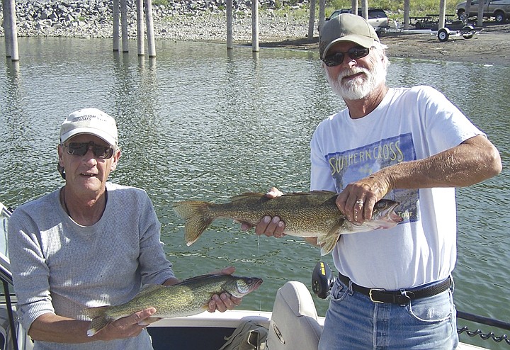 Ray and Evelyn Arnhold have fished Potholes Reservoir for many
years. Here Ray shows 2 walleye from a morning trolling near the
sand dunes.