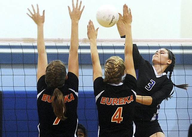 &lt;p&gt;Stillwater Christian&#146;s Sarah Paolini hammers the ball past two Eureka defenders. (Aaric Bryan/Daily Inter Lake)&lt;/p&gt;