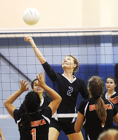 &lt;p&gt;Stillwater Christian's Courtney Beaver knocks the ball over the net in a match against Eureka on Thursday. (Aaric Bryan/Daily Inter Lake)&lt;/p&gt;