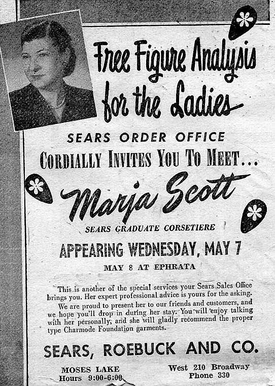 Visit the Sears, Roebuck and Co. store at West 210 Broadway on Wednesday, May 7 to meet Marja Scott. She will provide free figure analysis for the ladies. <em>Dennis note: I suspect a whole lot of lying went on during the appearance.</em>