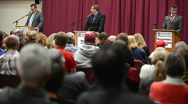 &lt;p&gt;From left, U.S. Sen. Jon Tester, Libertarian candidate Dan Cox and U.S. Rep. Denny Rehberg debate at Flathead Valley Community College in Kalispell.&lt;/p&gt;