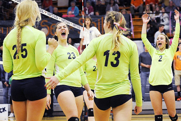 &lt;p&gt;Glacier's Nikki Krueger (23) celebrates after getting a kill against Flathead in crosstown volleyball Thursday. (Aaric Bryan/Daily Inter Lake)&lt;/p&gt;