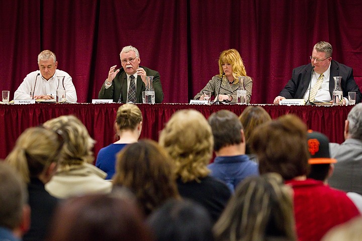 &lt;p&gt;Ken Howard, incumbent candidate on the North Idaho College board of trustees, second from left, responds to a question from one of nearly 200 in attendance Tuesday at a forum hosted by the Associated Students of NIC. Howard was joined by candidates, Ron Nilson, Christie Wood, and Robert Ketchum, far right.&lt;/p&gt;