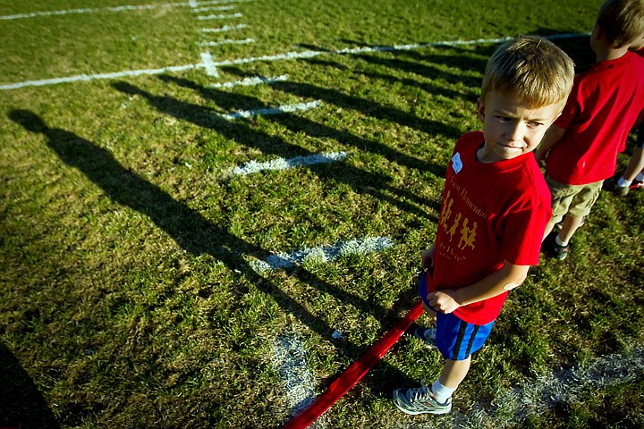 &lt;p&gt;Cole Cooper, a first grader from Prairie View Elementary, looks back at the other competitors on the field before the start of his half-mile race Tuesday during the Post Falls District Cross Country Meet.&lt;/p&gt;