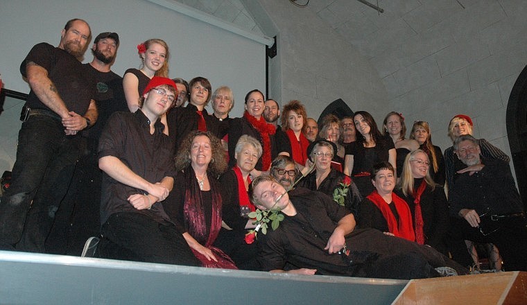 &lt;p&gt;The cast and crew of &#147;No Cure for Love&#148;&lt;/p&gt;&lt;p&gt;Actors in order of appearance in play, not in photo. Steve Hawkes,
Rhea Verbanick sing, guitar; Melayne Stevens sing; Gabriel Feller,
Brook Wilson, Ashley Wendland sing; Jesse Tobin sing, Larry
Cousins, Deanna Younger, Lisa Palmer, Chris Rawlings, Treva
Rawlings, Lauren Palmer sing, Keith Snider, Lynn Hayworth, Victor
Rae, Victoria Thompson sing, flute, Paul Rawlings, Mila Cousins,
Colleen Mooney, Therese Osborne, Barbara Rawlings sing, Mark
Johnson, Nissa Clark, Gabriel Palmer,&lt;/p&gt;&lt;p&gt;Written and Directed by Paul Rawlings, stage manager Diana
Tombleson, lights Olivia Stahl with Katherine Star Heart, sound
Richard Young, costumes Mary Esther Wilson, makeup Katherine Star
Heart, house manager&#160; Marsha Semar, publicity Barbara Rawlings,
posters/programs Richard Young, choral assistance Victoria
Thompson, choreography Mila Cousins, computer images Barbara
Rawlings, assisted by Lisa Palmer and Victoria Thompson.&#160; Band
members Gabriel Feller sing, keyboard, guitar, bass; Drew Browne
sing, bass, guitar; Larry Cousins&#160; sing, percussion; Jeremy
Kleinsmith&#160; drums, bass, Mike Palmer&#160; saxophone.&lt;/p&gt;&lt;p&gt;&lt;/p&gt;