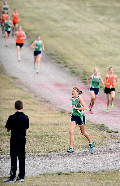 <p>Glacier freshman Bailey Smith leads the pack in cross country on Wednesday, October 16, in Kalispell. (Brenda Ahearn/Daily Inter Lake)</p>