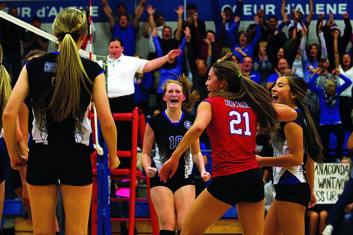 &lt;p&gt;TESS FREEMAN/Press&lt;/p&gt;&lt;p&gt;Coeur d&#146;Alene team members Ali Williams (10), Zoe Burgess (1), Maura Donovan (21) and Delaney Schmidt (7) celebrate after winning 3-1 in the 5A region championship game against Lewiston on Tuesday night. TESS FREEMAN/Press Coeur d&#146;Alene team members Ali Williams (10), Zoe Burgess (1), Maura Donovan (21) and Delaney Schmidt (7) celebrate after winning 3-1 in the 5A region championship game against Lewiston on Tuesday night.&lt;/p&gt;