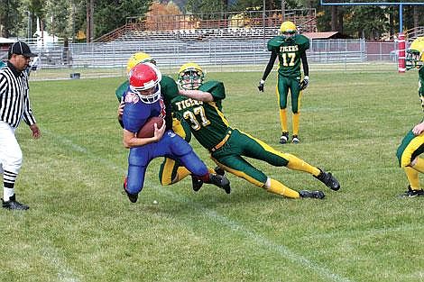 Nick Ianniello/Mineral Independent Superior Bobcat Wesley Yarnal gets pushed out of bounds by two St. Regis Tigers. Superior won 40-30.