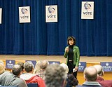 Melody Barnes speaks to a crowd at Columbia Falls High School last week. Chris Peterson photo