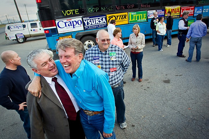 &lt;p&gt;JEROME A. POLLOS/Press Gov. Butch Otter, right, and Ron Nilson share a laugh during a stop at Idaho Veneer in Post Falls on the GOP bus tour Friday. Republican officials and candidates representing North Idaho and the state visited with supporters during the stops in Hayden, Post Falls and Coeur d'Alene.&lt;/p&gt;