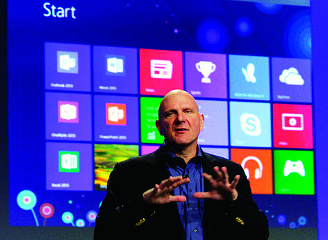 &lt;p&gt;Microsoft CEO Steve Ballmer gives his presentation at the launch of Microsoft Windows 8, in New York, Thursday, Oct. 25, 2012. Windows 8 is the most dramatic overhaul of the personal computer market's dominant operating system in 17 years. (AP Photo/Richard Drew)&lt;/p&gt;