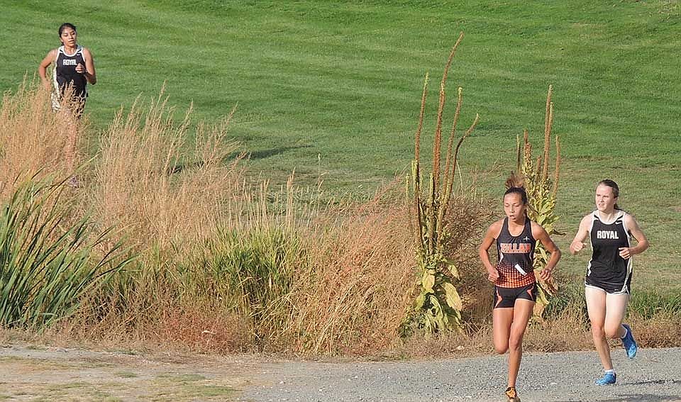 Usually a frontrunner, Kay Lester of Royal trails Madison Elizondo of Zillah, with Elizabeth Guadarrama (Royal) in the background as they run early in the third lap. She finished fourth. Guadarrama took 10th.