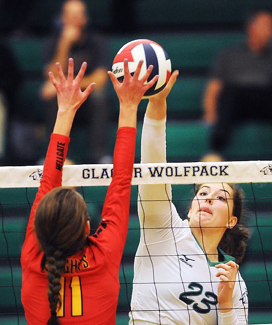 &lt;p&gt;Glacier's Nikki Krueger smashes the ball past Missoula Hellgate's Kaci Paffhausen at Glacier on Tuesday, Oct. 27 in this file photo. (Aaric Bryan/Daily Inter Lake)&lt;/p&gt;