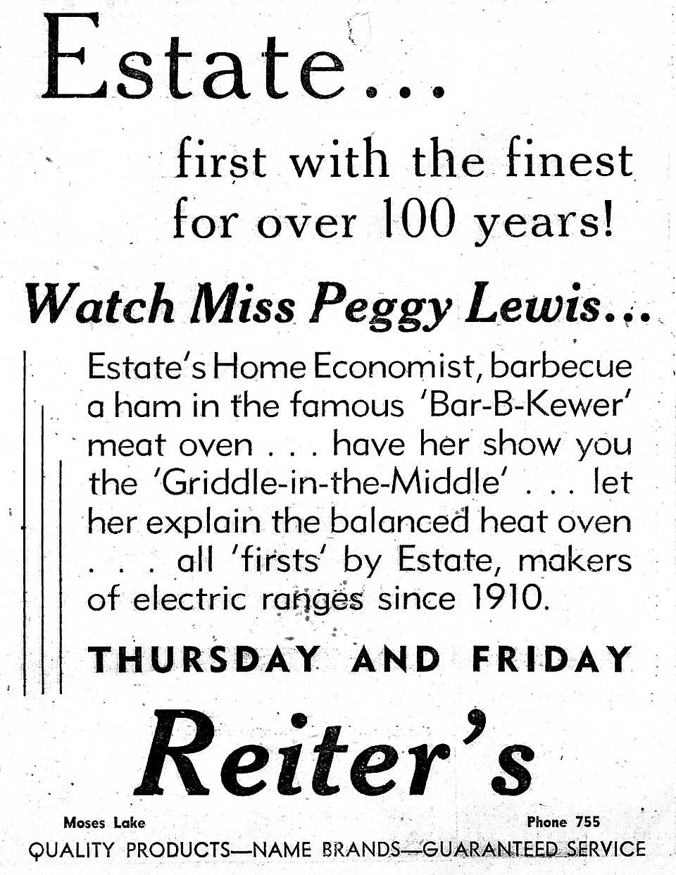 Moses Lake was a booming town in 1952 with the arrival of irrigation water. Jack Reiter opened an electrical appliance and wiring supply store in Moses Lake at the beginning of this year to help with the expanding need.