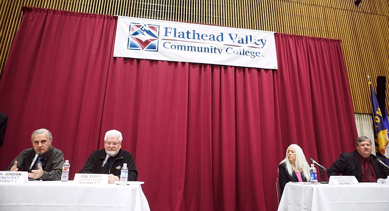 &lt;p&gt;Flathead County Commissioner candidates, from left, Gil Jordan, Cal Scott, Clara Mears-LaChappelle and Gary Krueger answer questions during a forum Tuesday night at Flathead Valley Community College. &#160;&lt;/p&gt;