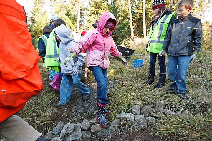 &lt;p&gt;SHAWN GUST/Press Skye Boyd, third-grader at Sorenson Magnet School, pats down a large rock with her foot Thursday as she and class mates learn about wildlife, nature and trail building during an event guided by North Idaho College students in the Blue Bay Recreation Area near Lake Coeur d'Alene.&lt;/p&gt;