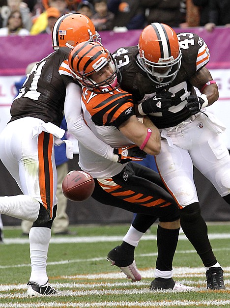 &lt;p&gt;In this Oct. 3, 2010, file photo, Cincinnati Bengals wide receiver Jordan Shipley (11) drops the ball as he is hit in the end zone by Cleveland Browns cornerback Eric Wright, left, and safety T.J. Ward (43) during NFL football game in Cleveland. The hit left Shipley with a concussion. Athletes of all ages who are suspected of suffering a concussion should be evaluated by a specialist before they return to sports, a major doctors group said Monday, Nov. 1, 2010, in the latest sign of concern over potential lasting damage from head injuries.&lt;/p&gt;