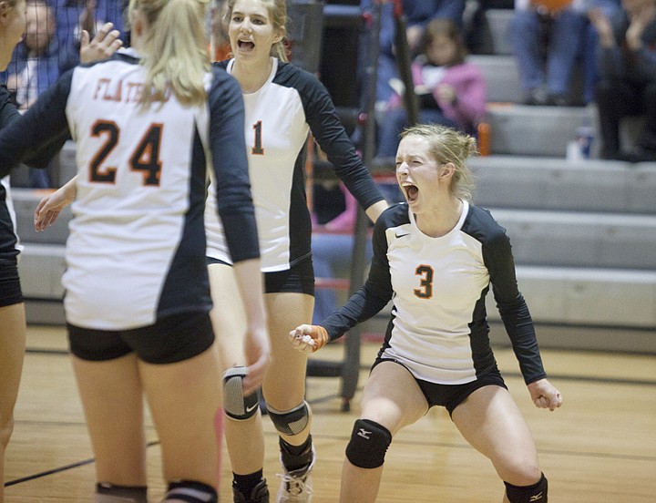 &lt;p&gt;Flathead junior Emily Russell (3) cheers after a point during
Flathead's playoff play-in win over Missoula Big Sky Thursday night
at Flathead High School.&lt;/p&gt;