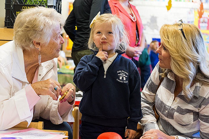 &lt;p&gt;SHAWN GUST/Press&lt;/p&gt;&lt;p&gt;Taylor Wilcox, 4, a pre-kindergarten student at Holy Family Catholic School, thinks about a question while visiting with her grandmother Julie Smith, left, and great-grandmother Virginia Smith, left, during a Grandparent&#146;s Day event Thursday at the Coeur d&#146;Alene school. The event, that includes an assembly followed by refreshments in the classroom, is held annually for pre-kindergarten through second grade students as a way to honor their grandparents.&lt;/p&gt;