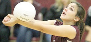 &lt;p&gt;Freshman Aurora Becquart sends it over the net in the third set during the District 7B Volleyball Tournament Saturday.&lt;/p&gt;