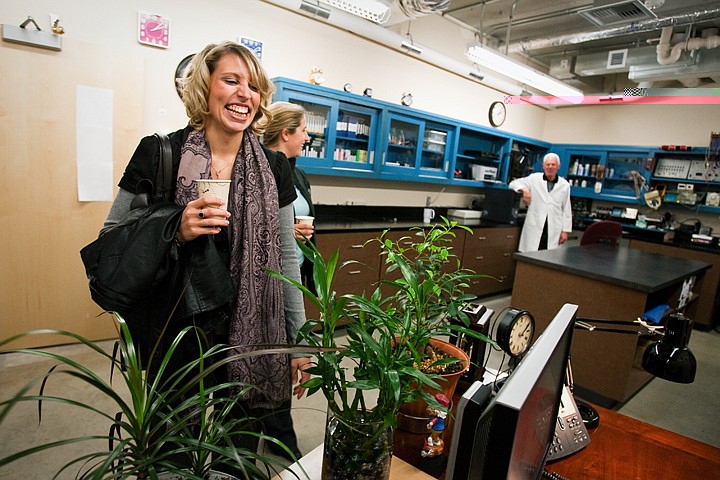 &lt;p&gt;SHAWN GUST/Press Claire Kincaid-Slate, interior designer for the H2A Architects, enjoys a visit in one of the labs in Seiter Hall Tuesday during an open house. A re-dedication ceremony preceded the open house event inviting the public to tour the recent $4.3 million remodel of the North Idaho College building. Seiter Hall houses the math, computer science and engineering division on campus.&lt;/p&gt;