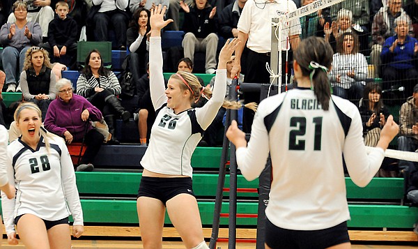 &lt;p&gt;Glacier junior Brielle Bumgarner (26), center, and her teammates celebrate during the game against Missoula Hellgate on Tuesday, October 29, in Kalispell. (Brenda Ahearn/Daily Inter Lake)&lt;/p&gt;