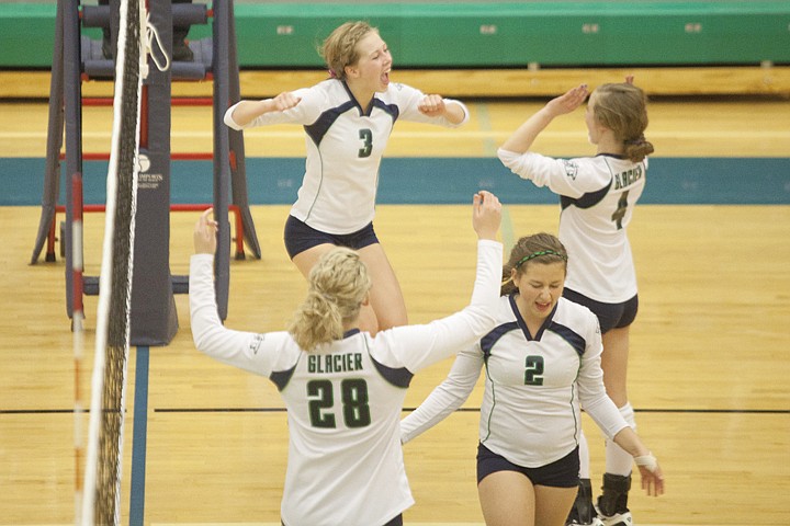 &lt;p&gt;Glacier's Lexy Boschee (3), Hannah Liss (4), Amy Snipstead (2)
and Hannah Atlee (28) celebrate after a point during Glacier's five
set win over Hellgate in their Class AA&#160; play-in game Thursday
evening at Glacier High School.&lt;/p&gt;