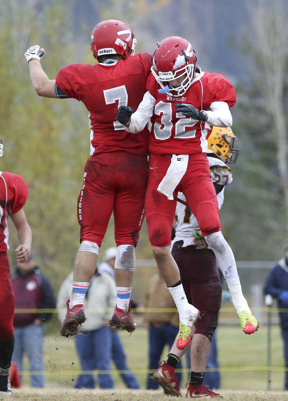 &lt;p&gt;Harold Yocum and Alex Bertollt celebrate a sack by Yocum on Saturday afternoon during their game against Harlowton.&lt;/p&gt;