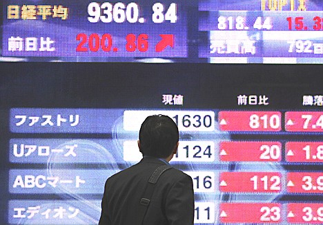 &lt;p&gt;A man looks at an electronic stock price board of a securities firm in central Tokyo, Thursday, Nov. 4, 2010. Japan's benchmark Nikkei 225 stock index jumped 204.94 points, or 2.2 percent, to 9,364.92 in the morning session despite pressure on exporters as the dollar fell below the 81 yen level.&lt;/p&gt;