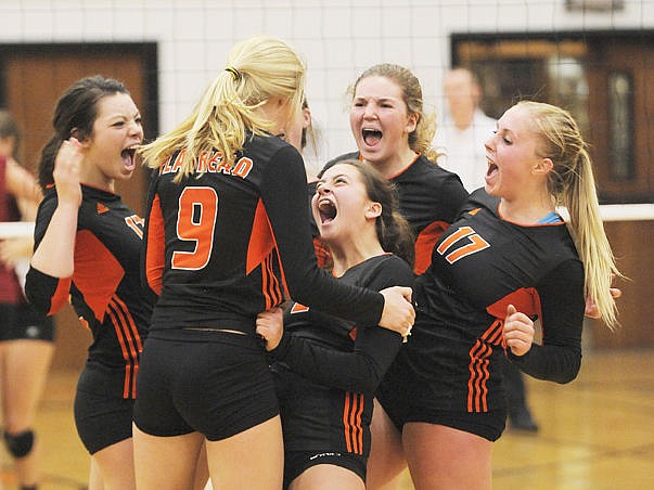 &lt;p&gt;The Flathead Bravettes celebrate a point in the third set against Helena at Flathead High School on Thursday. After spotting the Bengals two sets, the Bravettes stormed back to win in five. (Aaric Bryan/Daily Inter Lake)&lt;/p&gt;