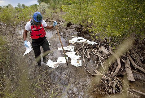 &lt;p&gt;An oil spill crew worker drops absorbent pads along a flood plain of the Yellowstone River where oil was found near Laurel, Mont., on July 11.&lt;/p&gt;