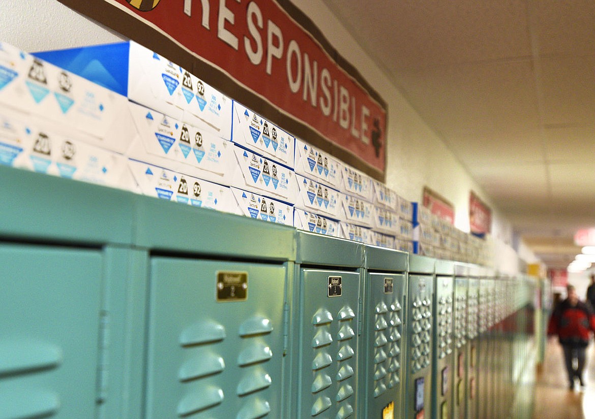 &lt;p&gt;Paper is stacked atop of lockers in the hallway of Smith Valley School.&lt;/p&gt;