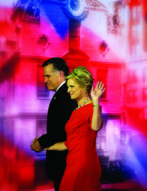 <p>Republican presidential candidate Mitt Romney and his wife, Ann, walk off the stage after Romney conceded the race during his election night rally early Wednesday in Boston.</p>